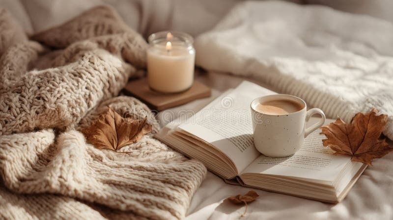 Åpen bok og kaffekopp på sengen ved siden av et tent lys