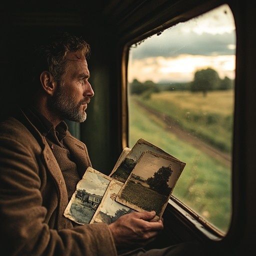 Mann leser gamle fotografier ved vinduet på en buss eller et tog